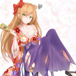 Rule 34 | 1girl, :t, absurdres, ass, bare shoulders, black footwear, blush, breasts, brown hair, cleavage, closed mouth, collarbone, double bun, floral background, floral print, girls&#039; frontline, green eyes, hair between eyes, hair bun, hair ribbon, hakama, hakama skirt, hand up, head tilt, highres, holding, japanese clothes, kimono, knees up, long hair, long sleeves, looking at viewer, medium breasts, off shoulder, official alternate costume, platform footwear, pout, purple hakama, red ribbon, rfb (girls&#039; frontline), rfb (new year&#039;s mvp) (girls&#039; frontline), ribbon, ru zhai, sandals, sidelocks, skirt, solo, squiggle, torn clothes, white background, wide sleeves, zouri