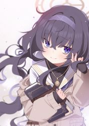 Rule 34 | 1girl, bags under eyes, black hair, blue archive, blue eyes, blush, book, halo, highres, holding, holding book, jewelry, kaya (tyhk7874), long hair, looking at viewer, necklace, simple background, smile, solo, sweater, ui (blue archive), white background