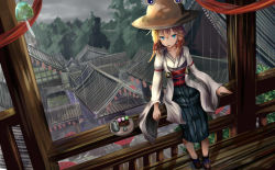 Rule 34 | 1girl, alternate costume, architecture, arm garter, blonde hair, cityscape, collarbone, cup, dango, east asian architecture, food, food in mouth, hair ribbon, hat, houdukixx, japanese clothes, long sleeves, looking at viewer, moriya suwako, obi, rain, red ribbon, ribbon, sash, solo, touhou, tray, tress ribbon, wagashi, wide sleeves