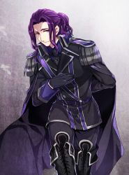 Rule 34 | 1boy, armor, berserker (fate/zero), black gloves, boots, fate/stay night, fate/zero, fate (series), formal, gloves, highres, lancelot (fate/grand order), lancelot (formal dress) (fate), looking at viewer, male focus, military, military uniform, pauldrons, ponytail, purple eyes, purple hair, sash, shoulder armor, solo, thigh boots, thighhighs, uniform, ycco (estrella)