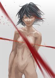 Rule 34 | 10s, 1girl, angry, black hair, blood, blue eyes, breasts, censored, convenient censoring, frown, kill la kill, matoi ryuuko, multicolored hair, navel, nipples, no pussy, nose, novelty censor, nude, serious, short hair, simple background, small breasts, solo, streaked hair, tsurime