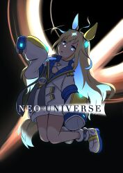 Rule 34 | 1girl, ahoge, animal ears, backlighting, badge, black hole, blonde hair, blue eyes, boots, breasts, button badge, character name, cleavage, cleavage cutout, clothing cutout, coat, full body, glowing, hair ornament, highres, horse ears, horse girl, horse tail, long hair, looking at viewer, neo universe (umamusume), parted lips, ram (p searam), shirt, sleeves past fingers, sleeves past wrists, small breasts, solo, space, tail, umamusume, white coat, white footwear