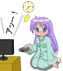 Rule 34 | 00s, blush, controller, embarrassed, hiiragi kagami, lucky star, pajamas, purple hair, remote control, solo, sweatdrop, television