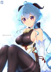 Rule 34 | ahoge, bare shoulders, bell, black legwear, blue hair, blush, bodystocking, bodysuit, bow, bowtie, breasts, chinchongcha, chinese knot, curled horns, detached sleeves, flower knot, ganyu (genshin impact), genshin impact, gold trim, highres, horns, knees up, large breasts, long hair, looking at viewer, low ponytail, multicolored eyes, neck bell, sideboob, sidelocks, sitting, skindentation, smile, solo, tassel, thighlet, twitter username, vision (genshin impact), white background, white sleeves
