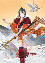 Rule 34 | 1girl, animal, armor, bird, black hair, black socks, bow, chick, closed mouth, clothed animal, cup, eyepatch, feathered wings, feet out of frame, floral print, folded ponytail, green eyes, hair ornament, hairpin, highres, holding, holding sword, holding weapon, japanese armor, japanese clothes, katana, kimono, kneehighs, kusazuri, long sleeves, low wings, nagi itsuki, obi, orange kimono, original, outdoors, red bow, rising sun flag, sakazuki, sash, scabbard, sheath, sheathed, short hair, short kimono, smile, snow, socks, solo, standing, sunburst, sword, weapon, white wings, wide sleeves, wings