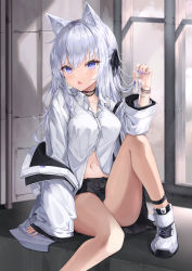 Rule 34 | 1girl, absurdres, animal ear fluff, animal ears, black choker, black ribbon, black skirt, bracelet, breasts, cat ears, choker, collared shirt, commentary request, dress shirt, grey hair, hair ribbon, hand up, highres, indoors, jacket, jewelry, medium breasts, midriff, nail polish, navel, open clothes, open jacket, original, partially unbuttoned, purple nails, ribbon, shirt, shoes, skirt, solo, thighs, white footwear, white hair, white jacket, white shirt, yeosi