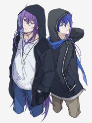 Rule 34 | 2boys, back-to-back, black jacket, blue eyes, blue hair, blue scarf, brown pants, closed mouth, commentary, cowboy shot, cropped legs, denim, dog tags, from above, hand up, hands in pockets, highres, hood, hooded jacket, jacket, jeans, jewelry, kaito (vocaloid), kamui gakupo, long hair, looking at viewer, looking back, male focus, multiple boys, necklace, pants, parted lips, purple eyes, purple hair, scarf, shirt, simple background, very long hair, vocaloid, white background, white shirt, yinnnn