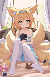 Rule 34 | 1girl, aaaaabk!, animal ear fluff, animal ears, arknights, bare shoulders, bed frame, blonde hair, blue dress, braid, child, closed mouth, commentary request, crossed bangs, curtains, doctor (arknights), doll, dress, fox ears, full body, green eyes, hair between eyes, highres, kitsune, knees together feet apart, light particles, no shoes, off shoulder, pantyhose, shamare (arknights), sitting, smile, soles, solo, stuffed animal, stuffed rabbit, stuffed toy, sunlight, suzuran (arknights), white pantyhose, window
