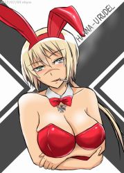 Rule 34 | 1girl, animal ears, blonde hair, blush, breasts, cigarette, fake animal ears, green eyes, hanna rudel, large breasts, playboy bunny, rabbit ears, scar, smoking, solo, strike witches, world witches series
