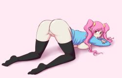 Rule 34 | 1girl, ass, black thighhighs, blush, bottomless, breast press, breasts, large breasts, meme attire, nail polish, not-ittla, open-chest sweater, pink hair, pussy, red eyes, shiki (novel), shimizu megumi, solo, sweater, thighhighs, top-down bottom-up, twintails, uncensored