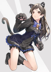 Rule 34 | 1girl, animal ears, animal hands, bell, black bloomers, black dress, black footwear, bloomers, blue bow, blue bowtie, blush, boots, bow, bowtie, breasts, brown eyes, brown hair, cat ears, cat paws, cat tail, dress, fake animal ears, fake tail, frilled skirt, frills, hand up, highres, idolmaster, idolmaster million live!, idolmaster million live! theater days, jingle bell, kitazawa shiho, kneeling, long hair, long sleeves, looking at viewer, medium breasts, miz, neck bell, open mouth, ribbon-trimmed clothes, ribbon trim, skirt, solo, tail, two-tone background