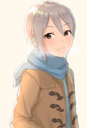 Rule 34 | 1girl, akii, blue scarf, brown eyes, closed mouth, coat, duffel coat, earrings, fringe trim, hair between eyes, idolmaster, idolmaster cinderella girls, jewelry, long sleeves, open clothes, open coat, scarf, shiomi syuko, short hair, silver hair, simple background, smile, solo, upper body, yellow background
