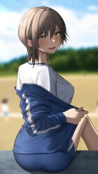 Rule 34 | 1girl, absurdres, ass, blue jacket, blue shorts, blue sky, blurry, blurry background, blush, breasts, brown hair, cloud, cloudy sky, commentary, day, feet out of frame, from behind, gym uniform, hair between eyes, highres, jacket, kuro imu, looking at viewer, looking back, medium breasts, off shoulder, open clothes, open jacket, open mouth, orange eyes, original, outdoors, paid reward available, perky breasts, shirt, short hair, short shorts, shorts, sitting, sky, smile, solo, sportswear, track jacket, unzipped, white shirt