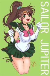 Rule 34 | 1girl, bishoujo senshi sailor moon, boots, breasts, brown hair, character name, choker, clenched hands, collarbone, commentary request, elbow gloves, full body, gloves, green background, green choker, green eyes, green footwear, green sailor collar, green skirt, hands up, jewelry, kanoe youshi, kino makoto, kneeling, large breasts, long hair, looking at viewer, magical girl, miniskirt, neck, necklace, open mouth, ponytail, sailor collar, sailor jupiter, sailor senshi uniform, simple background, skirt, smile, solo, star (symbol), star necklace, super sailor jupiter, teeth, tiara, upper teeth only, white gloves