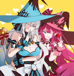 Rule 34 | 2girls, :p, :q, baobhan sith (fate), baobhan sith (valentine witches) (fate), bare shoulders, blue dress, blue eyes, blue nails, breasts, citron80citron, cleavage, dress, fang, fate/grand order, fate (series), grey eyes, hair ribbon, hand up, hat, holding, holding wand, long hair, morgan le fay (fate), morgan le fay (valentine witches) (fate), mother and daughter, multiple girls, nail polish, one eye closed, pink hair, pink nails, pointy ears, red dress, ribbon, sidelocks, signature, skin fang, tongue, tongue out, upper body, w, wand, white hair, witch hat, wrist cuffs, yellow background