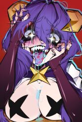 Rule 34 | 1girl, ace glitch, bleeding, blood, blood on face, blood on hands, breasts, bridal gauntlets, crazy eyes, cross, cross facial mark, cross pasties, drooling, evil smile, excessive saliva, facial mark, fangs, forward facing horns, highres, hiiragi utena, horns, large breasts, long hair, magia baiser, mahou shoujo ni akogarete, messy hair, naughty face, open mouth, pasties, purple hair, red background, saliva, sharp teeth, smile, solo, sparkling eyes, teeth, tongue, tongue out, upper body, very long hair, yellow eyes