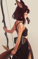 Rule 34 | 1girl, animal ears, arrow (projectile), bare shoulders, blue eyes, bow (weapon), bracelet, breasts, brown hair, cat ears, cat tail, closed mouth, collar, dress, ear piercing, final fantasy, final fantasy xiv, fur trim, holding, holding arrow, holding weapon, jewelry, looking at viewer, miqo&#039;te, off-shoulder dress, off shoulder, original, peroncho, piercing, quiver, short hair, side slit, sleeveless, small breasts, solo, tail, tattoo, weapon