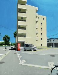 bicycle blue_sky building car coca-cola highres motor_vehicle original people road scenery sky street tree tzzktknmr