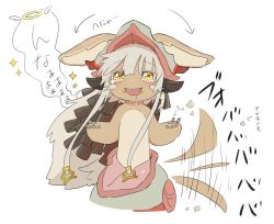 Rule 34 | 1other, androgynous, animal ears, arrow (symbol), bad id, bad twitter id, blush, fangs, furry, helmet, kawasemi27, long hair, looking at viewer, made in abyss, nanachi (made in abyss), open mouth, other focus, solo, speech bubble, tail, tearing up, teeth, translation request, upper teeth only, whiskers, white hair, yellow eyes