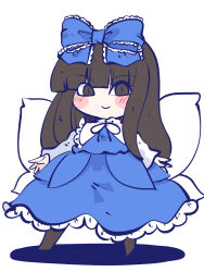 Rule 34 | 1girl, blue bow, blue dress, blunt bangs, blush stickers, bow, brown eyes, brown hair, chahan (fried rice0614), chibi, dress, fairy wings, frills, full body, hair bow, highres, long hair, looking at viewer, shadow, simple background, slit pupils, smile, solo, standing, star sapphire, touhou, white background, wings
