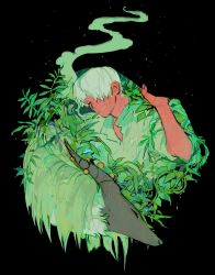 Rule 34 | 1boy, black background, character request, cigarette, closed eyes, creature, cropped torso, facing viewer, ginko, grin, hair over one eye, hand up, highres, horn ornament, horns, ivy, leaf, male focus, mong 120, mushishi, one eye covered, short hair, simple background, smile, smoke, smoking, upper body, wet, white hair