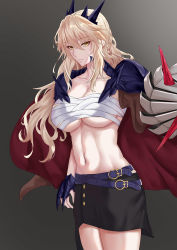 Rule 34 | 1girl, absurdres, artoria pendragon (fate), artoria pendragon (lancer alter) (fate), black skirt, blonde hair, braid, breasts, cleavage, cloak, closed mouth, collarbone, fate/grand order, fate (series), feet out of frame, freed turing, grey background, highres, large breasts, long hair, looking at viewer, navel, purple cloak, sarashi, skirt, solo, standing, stomach, yellow eyes
