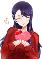 Rule 34 | 1girl, blush, box, closed eyes, floating hair, glasses, head tilt, heart, heart-shaped box, heartcatch precure!, long hair, precure, purple hair, red sweater, rimless eyewear, simple background, smile, solo, sweater, tsukikage oyama, tsukikage yuri, upper body, valentine, very long hair, white background