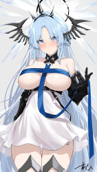 Rule 34 | 1girl, alsace (azur lane), armored gloves, armored legwear, azur lane, bare shoulders, black gauntlets, black tiara, blue hair, blush, breast ribbon, breast strap, breastless clothes, breasts, cleavage, closed mouth, cowboy shot, detached collar, dress, elbow gloves, feathered wings, gauntlets, gloves, halo, halo behind head, head wings, highres, large breasts, long hair, looking at viewer, oregano (olgn eao), parted bangs, puckered lips, purple eyes, ribbon, short dress, signature, skindentation, solo, thigh gap, tiara, very long hair, wings