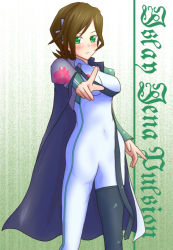 Rule 34 | 1girl, arm warmers, armor, artist request, blush, bodysuit, breasts, brown hair, caladrius, cape, character name, covered navel, green eyes, hair ornament, islay jena pulsion, looking at viewer, serious, shiny clothes, short hair, single thighhigh, skin tight, solo, standing, thighhighs