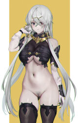 Rule 34 | 1girl, adjusting hair, armor, atelier (series), atelier ryza, atelier ryza 1, bare shoulders, black armor, black nails, black thighhighs, blue eyes, body fur, border, bottomless, breasts, censored, crossed bangs, female pubic hair, fingernails, gluteal fold, grey hair, hair between eyes, hair ornament, hairclip, heterochromia, highres, jeneral, large breasts, lila decyrus, long hair, looking at viewer, low twintails, mixed-language commentary, mosaic censoring, navel, outside border, pale skin, pubic hair, pussy, red eyes, sharp fingernails, simple background, skindentation, solo, thighhighs, twintails, underboob, very long hair, white border