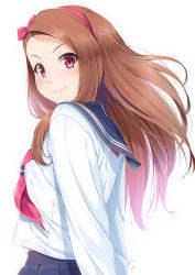Rule 34 | 1girl, arms behind back, asymmetrical bangs, black sailor collar, black skirt, blush, bow, brown hair, closed mouth, commentary request, hair bow, hairband, idolmaster, idolmaster (classic), long hair, long sleeves, looking at viewer, looking to the side, minase iori, miri (ago550421), neckerchief, pleated skirt, red bow, red eyes, red hairband, red neckerchief, sailor collar, school uniform, serafuku, shirt, simple background, skirt, smile, solo, v-shaped eyebrows, very long hair, white background, white shirt