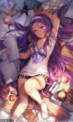 Rule 34 | 1girl, absurdres, arm up, bangle, black shorts, blanket, book, bottle, bracelet, braid, breasts, candle, cleavage, clothes writing, collarbone, cookie, cup, destiny child, feet, food, hair ornament, hairband, highres, holding, holding paper, jewelry, knee up, long hair, lying, medium breasts, no shoes, on back, open mouth, paper, pencil, pillow, purple eyes, saturn (destiny child), saucer, shade, sheet music, shirt, short shorts, shorts, sidelocks, socks, solo, tea, teabag, tray, u369, very long hair, watermark, white footwear, white hairband, x hair ornament