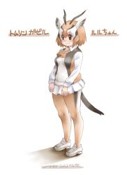 Rule 34 | 1girl, animal ears, black hair, black pantyhose, blush, brown eyes, brown necktie, brown pantyhose, brown vest, collared shirt, commentary request, extra ears, full body, gazelle ears, gazelle horns, gazelle tail, kemono friends, light brown hair, loafers, long sleeves, multicolored clothes, multicolored hair, multicolored legwear, multicolored vest, necktie, nyororiso (muyaa), pantyhose, pleated skirt, shirt, shoes, short hair, skirt, solo, thomson&#039;s gazelle (kemono friends), translation request, vest, white footwear, white hair, white pantyhose, white shirt, white skirt, white vest