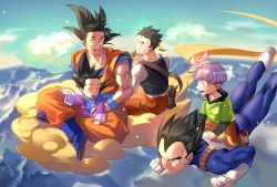 Rule 34 | 5boys, :d, ^ ^, armor, black eyes, black hair, blue sky, boots, brothers, carrying, child, chinese clothes, clenched hands, closed eyes, cloud, cloudy sky, crossed legs, day, dougi, dragon ball, dragonball z, eating, evening, expressionless, father and son, floating hair, flying, flying nimbus, food, full body, gloves, green shirt, happy, highres, lettuce, long sleeves, looking at another, looking back, male focus, mountain, multiple boys, open mouth, orange pants, outdoors, pants, profile, purple hair, red footwear, sandwich, shaded face, shirt, shoes, short hair, siblings, sitting, sky, smile, sneakers, son gohan, son goku, son goten, spiked hair, sunlight, trunks (dragon ball), vegeta, waistcoat, waving, white gloves, white shirt, wristband
