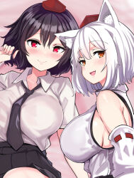 Rule 34 | 2girls, :d, animal ears, black hair, black necktie, black skirt, blush, breasts, closed mouth, collared shirt, commentary request, detached sleeves, fang, fuji norihiro, hat, inubashiri momiji, large breasts, looking at viewer, multiple girls, necktie, open mouth, red eyes, red headwear, ribbon-trimmed sleeves, ribbon trim, shameimaru aya, shirt, short hair, sideboob, skirt, smile, tokin hat, touhou, white hair, white shirt, wolf ears, wolf girl