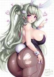 Rule 34 | 1girl, ahoge, animal ears, ass, blush, breasts, fake animal ears, goddess of victory: nikke, grey hair, huge ass, huge breasts, large breasts, leotard, long hair, looking back, nails, open mouth, pantyhose, pink eyes, playboy bunny, rabbit ears, sevie, sex toy, side ponytail, smile, soda (nikke), soda (twinkling bunny) (nikke), torn clothes, v, vibrator