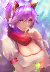 Rule 34 | 1girl, ahri (league of legends), animal ears, arcade ahri, artist name, bad id, bad pixiv id, blush, breast hold, breasts, cleavage, fake animal ears, fingernails, fox tail, glowing, headphones, large breasts, league of legends, lips, looking at viewer, purple eyes, purple hair, red hod, red scarf, scarf, short hair, short sleeves, smile, solo, swept bangs, tail, upper body, wristband