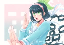 Rule 34 | 1girl, bell, black hair, blue shirt, bow, breasts, buttons, chabashira tenko, choker, commentary, danganronpa (series), danganronpa v3: killing harmony, donutous, double-breasted, floating hair, green eyes, hair ornament, hairband, highres, large breasts, long hair, long sleeves, mole, mole under mouth, neck bell, open mouth, pink choker, pink hairband, ribbon, shirt, solo, star (symbol), star hair ornament, striped, twintails, upper body
