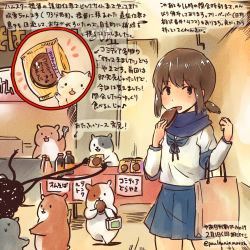 Rule 34 | 10s, 1girl, :d, animal, bag, blue scarf, blue skirt, brown eyes, brown hair, comitia, commentary request, dated, food, fubuki (kancolle), hamster, holding, holding food, kantai collection, kirisawa juuzou, long sleeves, open mouth, paper bag, pleated skirt, sailor collar, scarf, school uniform, serafuku, shopping bag, short hair, short ponytail, skirt, smile, traditional media, translation request, twitter username