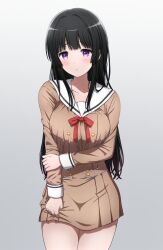 Rule 34 | 1girl, absurdres, bang dream!, bare legs, black hair, blush, breasts, brown dress, buttons, commentary request, double-breasted, dress, hanasakigawa school uniform, highres, holding own arm, large breasts, long hair, long sleeves, neck ribbon, noshimurin, purple eyes, red ribbon, ribbon, sailor dress, school uniform, shirokane rinko, solo