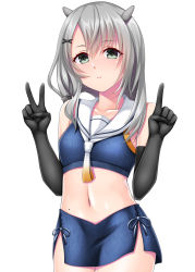 Rule 34 | 1girl, absurdres, black gloves, blush, closed mouth, collarbone, cowboy shot, crop top, elbow gloves, gloves, grey eyes, grey hair, hair between eyes, highres, i-201 (kancolle), kantai collection, long hair, navel, ruin re birth, sailor collar, simple background, smile, solo, white background, white sailor collar