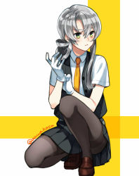 Rule 34 | 10s, 1girl, asymmetrical hair, black pantyhose, blouse, flipped hair, gloves, green eyes, hair between eyes, highres, kantai collection, loafers, long hair, looking away, looking to the side, necktie, nowaki (kancolle), on one knee, pantyhose, pleated skirt, ryuuki (hydrangea), school uniform, shirt, shoes, short sleeves, silver hair, simple background, skirt, solo, thighband pantyhose, twitter username, vest, white gloves, yellow necktie