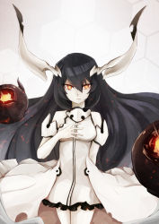Rule 34 | 10s, 1girl, abyssal ship, anchorage water oni, bare shoulders, black hair, colored skin, coolnova, cowboy shot, dress, fire, frilled dress, frills, hand on own chest, highres, honeycomb (pattern), honeycomb background, honeycomb pattern, horns, kantai collection, long hair, looking at viewer, orange eyes, overskirt, solo, very long hair, white dress, white skin