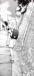 1girl absurdres backpack bag braid day dress flower full_body highres looking_at_viewer looking_back mayafufu monochrome one_side_up original outdoors randoseru road sailor_dress school_bag school_uniform serafuku short_hair single_braid single_sidelock solo street townscape walking white_serafuku