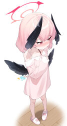 Rule 34 | 1girl, absurdres, arm behind back, black wings, blue archive, blush, collarbone, commentary request, condom, condom wrapper, dress, feathered wings, furrowed brow, halo, hand up, head wings, highres, holding, honi (honi1010), koharu (blue archive), long sleeves, looking to the side, low wings, notice lines, off shoulder, pink dress, pink eyes, pink hair, pink halo, sabotaged condom, short hair, simple background, sleeves past wrists, slippers, snail print, solo, standing, white background, wings, wooden floor