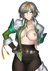 Rule 34 | 1girl, alternate costume, belt, breast slip, breasts, cassandra alexandra, collarbone, crotch seam, hairband, hand on own hip, hip focus, kansuke, large breasts, nipples, one breast out, open clothes, open shirt, panties, panties under pantyhose, pantyhose, shirt, solo, soul calibur, soulcalibur, soulcalibur iv, underwear