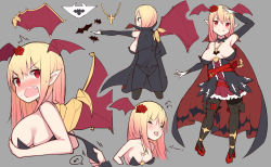 Rule 34 | 1girl, @ @, ^^^, animal print, arm up, armpits, bare arms, bare shoulders, bat panties, bat print, belt, black dress, black pantyhose, blonde hair, blush, breasts, breasts apart, character sheet, cisyo, closed mouth, commentary request, covering privates, covering breasts, cross, cross necklace, detached sleeves, dress, eighth note, fang, fang out, flower, gloves, grey background, hair between eyes, hair flower, hair ornament, head wings, high heels, jewelry, large breasts, latin cross, long hair, long sleeves, looking at viewer, looking to the side, multiple views, musical note, necklace, nose blush, open mouth, original, out of frame, outstretched arm, panties, pantyhose, pointy ears, print panties, red belt, red eyes, red flower, red footwear, red rose, red wings, rose, see-through, shoes, simple background, spoken musical note, standing, strapless, strapless dress, teeth, tongue, tongue out, underwear, upper teeth only, vampire, white gloves, white panties, wings