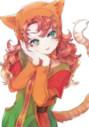 Rule 34 | 1girl, animal hood, cat hood, cat tail, curly hair, dragon quest, dragon quest vii, dress, green eyes, highres, hood, long hair, longdenkikettle, looking at viewer, maribel (dq7), orange hair, simple background, smile, solo, tail, white background