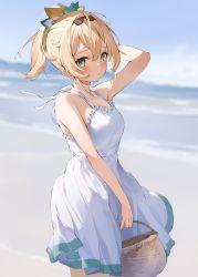 Rule 34 | 1girl, absurdres, aqua eyes, arm up, bare shoulders, basket, blonde hair, blurry, blurry background, blush, breasts, collarbone, day, dress, frilled dress, frills, hair ornament, hana mori, highres, holding, holding basket, hololive, kazama iroha, long hair, looking at viewer, outdoors, ponytail, scan, simple background, sleeveless, sleeveless dress, small breasts, solo, sundress, virtual youtuber