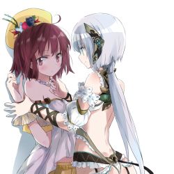 Rule 34 | 2girls, atelier (series), atelier sophie, backless outfit, bad id, bad pixiv id, bare shoulders, blush, brown eyes, brown hair, detached sleeves, female focus, hair ornament, hand on another&#039;s chin, hat, long hair, looking away, low ponytail, maromi (am97), multiple girls, plachta, puffy short sleeves, puffy sleeves, shirt, short sleeves, silver hair, smile, sophie neuenmuller, very long hair, yuri